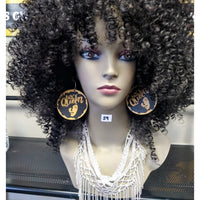 Black queen earrings $7, Afro wig $59, and crystal chain $25 at Optimismic wigs and gifts.
