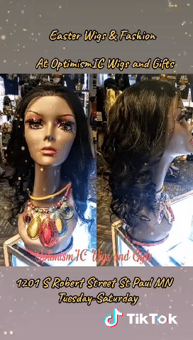 Bella Black $250 HD Lace 13x6 100% Human Hair Lace Front Wig on tan mannequin with Gem necklace at Optimismic Wigs and Gifts St Paul Minnesota. 