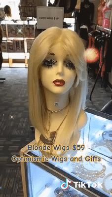 Blonde synthetic glueless bob Wig with bangs $59 Optimismic Wigs and Gifts West St Paul MN