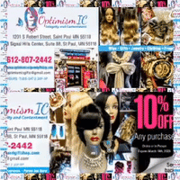 OptimismIC Integrity and Contentment butterfly advertisement. Neptune Blue Magic Ponytails $19 at Optimismic Wigs and Gifts Shop St Paul MN 55118