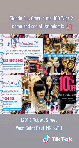 OptimismIC Integrity and Contentment butterfly advertisement. Neptune Blue Magic Ponytails $19 at Optimismic Wigs and Gifts Shop St Paul MN 55118