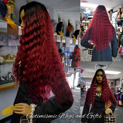 J99 Red Burgundy Fashion waves burgundy lace front wig at Optimismic Wigs and Gifts Saint Paul Minnesota.