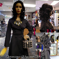 Black Curly Georgina wigs at Optimismic Wigs and Gifts Saint Paul MN.