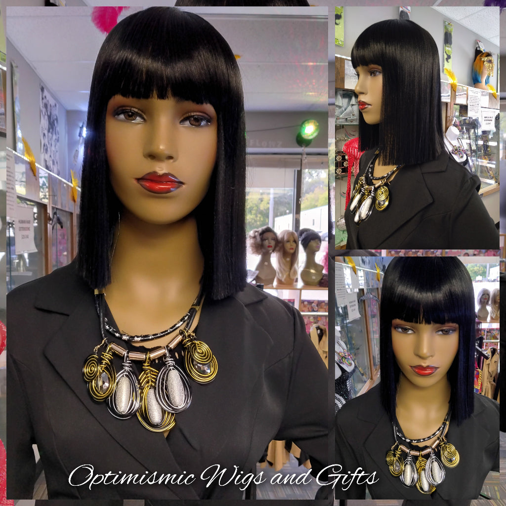 Mannequins Model,  Fashion Bob Hair Wig in black, jewelry and clothing at Optimismic Wigs and Gifts. Fashion black synthetic glueless Bob Wig $59 Optimismic Wigs and Gifts Shop St Paul MN 55118
