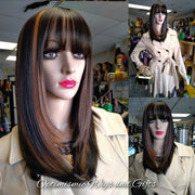 Buy Kiersten chocolate brown wigs with caramel highlights at Optimismic Wigs and Gifts Saint Paul MN.