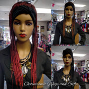 Black mannequins Buy Sashay J99 Burgundy Red braided headband wigs at Optimismic Wigs and Gifts. 