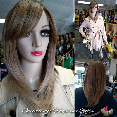 Buy ombre blonde chocolate Blossoms Wigs at Optimismic Wigs and Gifts Saint paul. Blossoms Ombre Brown synthetic glueless bang Wig $59 Optimismic Wigs and Gifts West St Paul MN