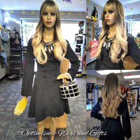 Buy Genessa ombre wigs with bangs at Optimismic Wigs and Gifts Saint Paul Minnesota. Genessa Blonde Ombre synthetic 28inch bang Wigs $59 Optimismic Wigs and Gifts West St Paul MN