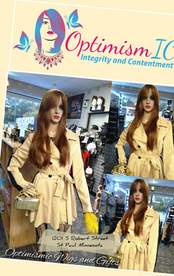 Brown chocolate synthetic wigs with bangs Optimismic Wigs and Gifts St Paul Minnesota. Signal Hills Shopping Center 1201 S Robert Street.