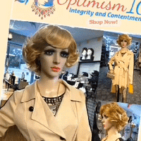 Curly blonde wigs and beige jacket dresses at Optimismic Wigs and Gifts. Minnesota wigs stores. Hair wigs stores in St Paul Minnesota. Wigs near Minneapolis.