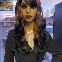 GAIA ORANGE AND BLACK OMBRE WIGS WITH BANGS IN ST PAUL OPTIMISMIC WIGS AND GIFTS.