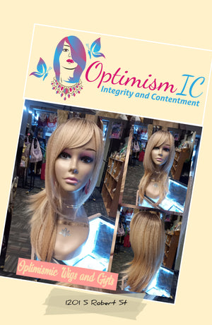 Heather Blonde Glueless synthetic 26 inch bang Wig $59 Optimismic Wigs and Gifts West St Paul MN 55118