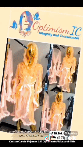 Women's Clothing Pink cotton candy robes and pink wigs at Optimismic Wigs and Gifts St Paul Minnesota. Minnesota wigs store.