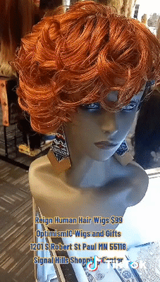 Reign red two toned pixie cut human hair wigs Optimismic Wigs and Gifts St Paul Minnesota signal hills shopping center.