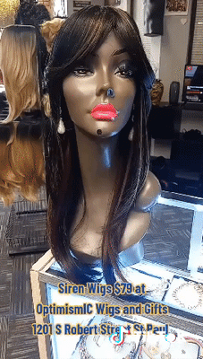 Siren Black 99j multicolored synthetic hair wigs on black mannequin at OptimismIC Wigs and Gifts in Saint Paul Minnesota.