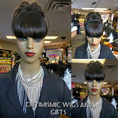 Shop black ponytails and bangs at optimismic wigs and gifts shop.