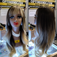 Genessa Wigs blonde ombre at Optimismic Wigs and Gifts $59 saint paul. Genessa Blonde Ombre synthetic 28inch bang Wigs $59 Optimismic Wigs and Gifts West St Paul MN