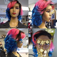 Rainbow blue and pink 100% Human Lace Front Wigs 12inches Optimismic Wigs and Gifts - OptimismIC Wigs and Gifts