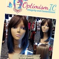 Reagan Synthetic 12inch Glueless Chocolate and Blue Wigs $59 OptimismIC Wigs and Gifts Shop West St Paul MN - OptimismIC Wigs and Gifts