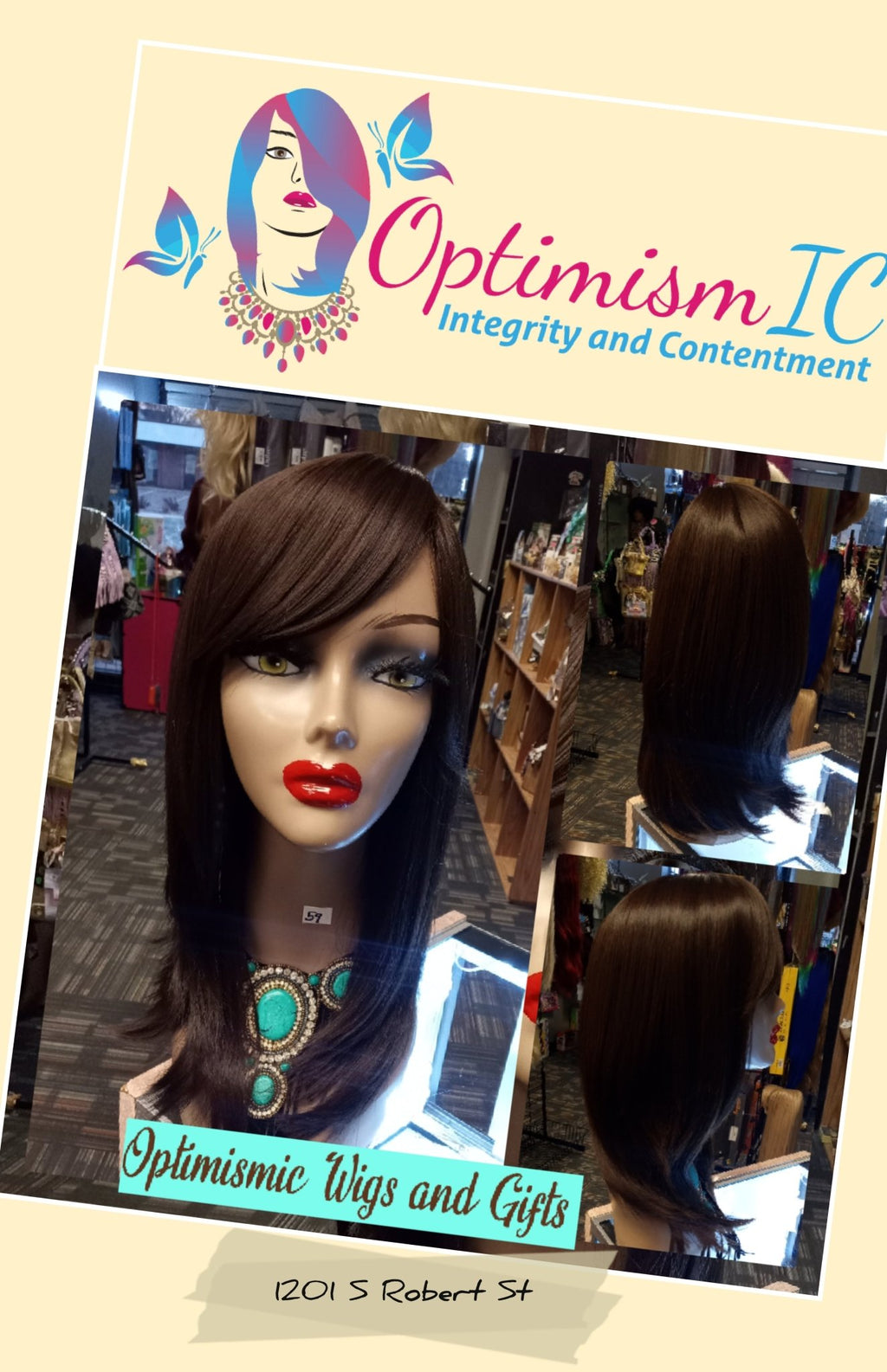 Simone Dark Chocolate brown Synthetic Glueless Bang Wig $59 at Optimismic Wigs and Gifts St Paul Minnesota 55118 - OptimismIC Wigs and Gifts