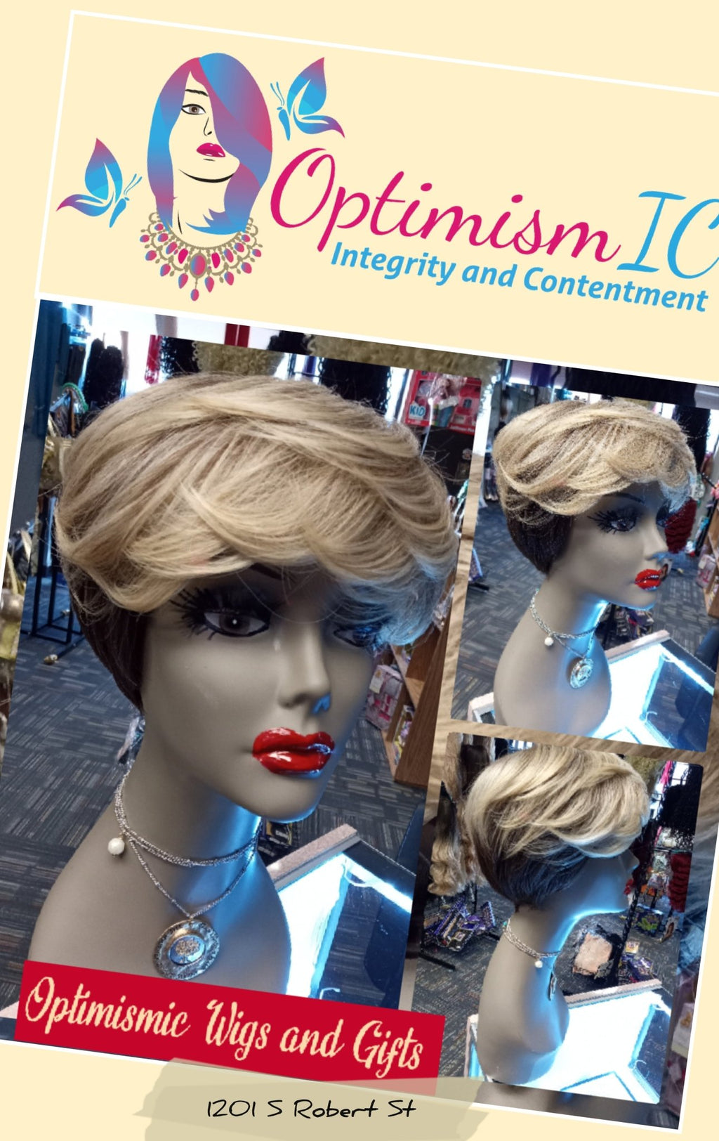 Terry Blonde ombre synthetic glueless Wigs with bangs $59 at Optimismic Wigs and Gifts St Paul MN 55118 - OptimismIC Wigs and Gifts