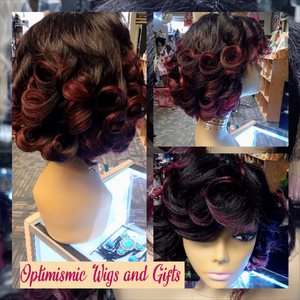 Custom Human hair wigs raspberry black at Optimismic Wigs and Gifts 