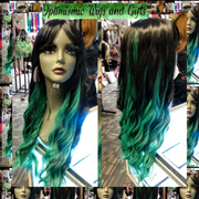 halloween wigs Green and black wigs with bangs at Optimismic Wigs and Gifts 