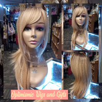 Blonde Ombre Heather hair Wigs with bangs at Optimismic Wigs and Gifts. Heather Blonde Glueless 26 inch bang Wig $59 Optimismic Wigs and Gifts West St Paul MN